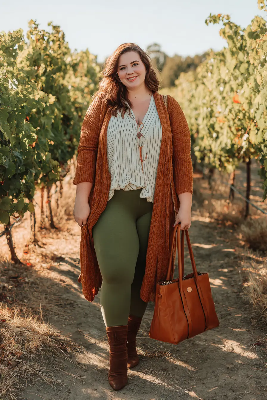 Rust Duster Cardigan + Olive Leggings