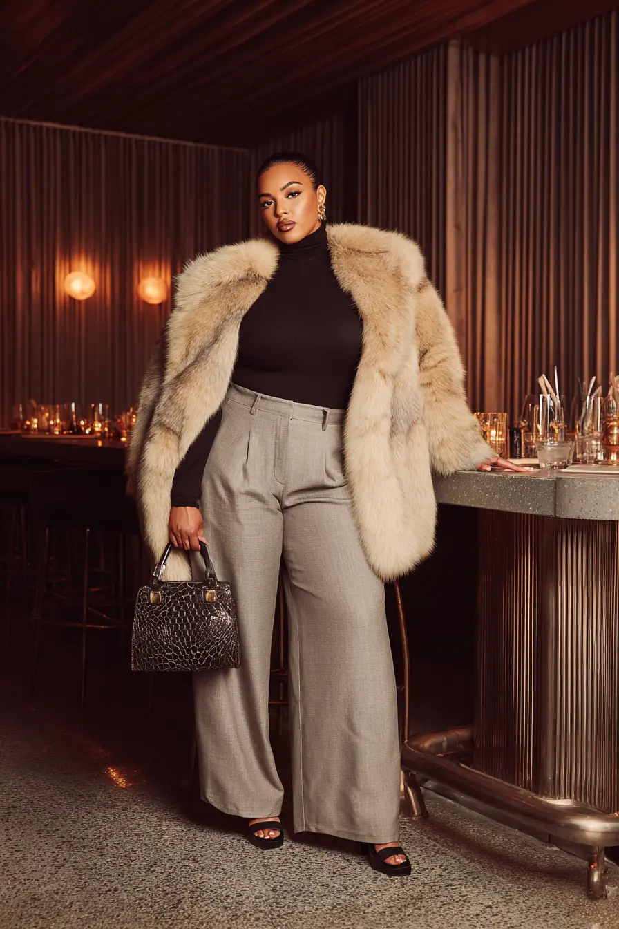 Faux Fur Coat + Wide-Leg Trousers Power