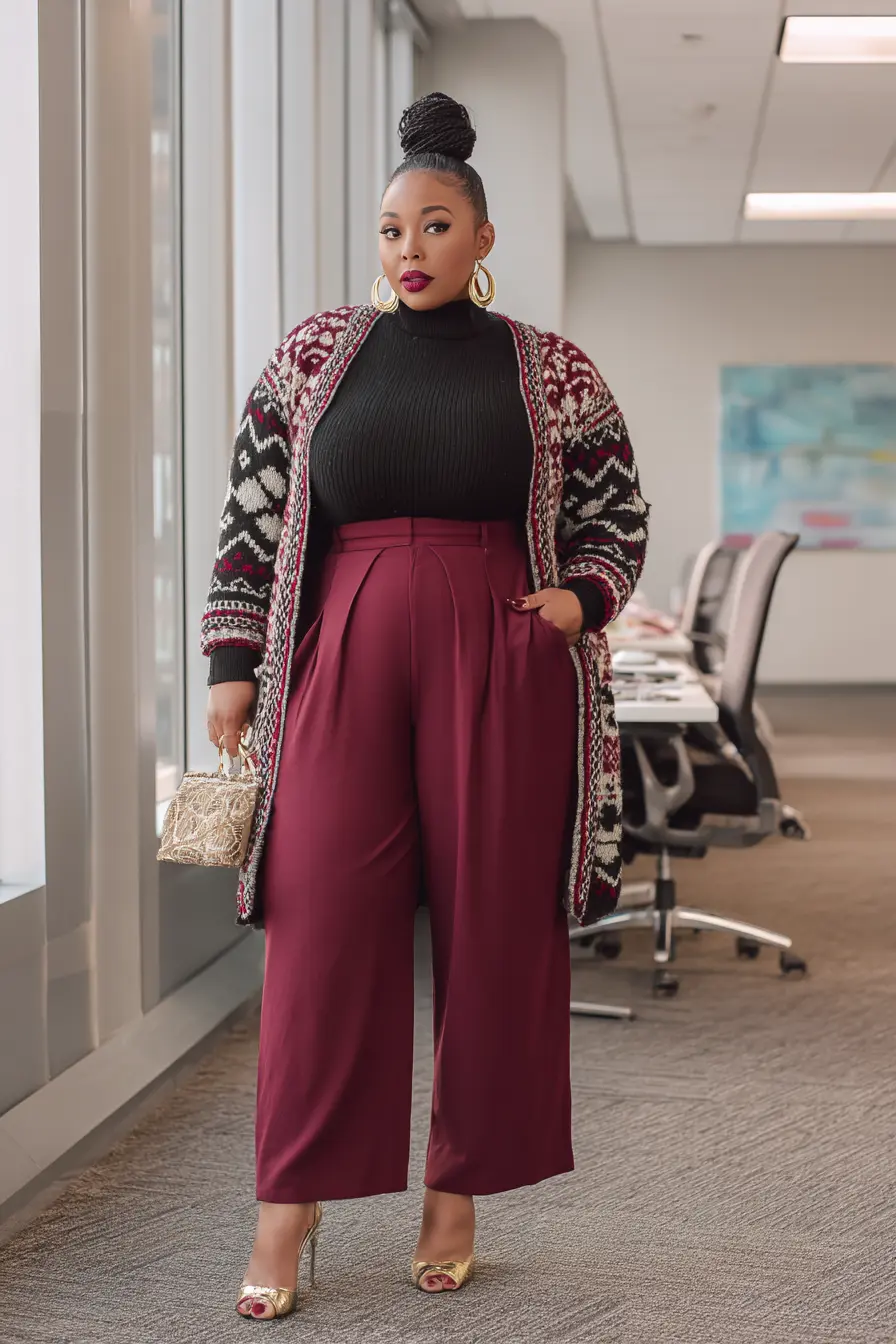 Patterned Cardigan + Wide-Leg Trousers