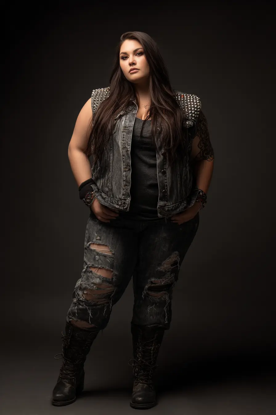 Studded Denim Vest + Destroyed Black Jeans