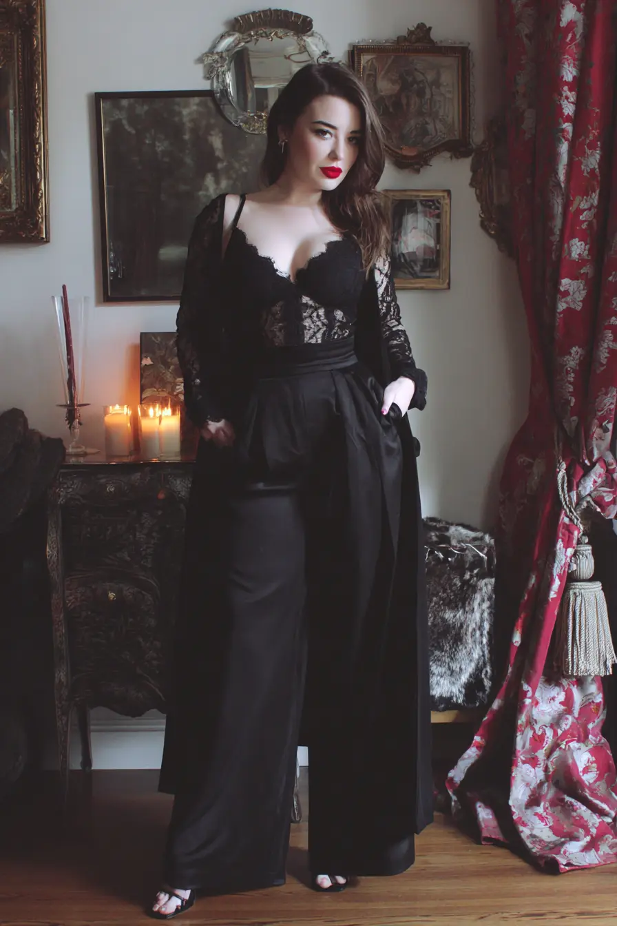 Lace Bodysuit + Satin Wide-Leg Trousers