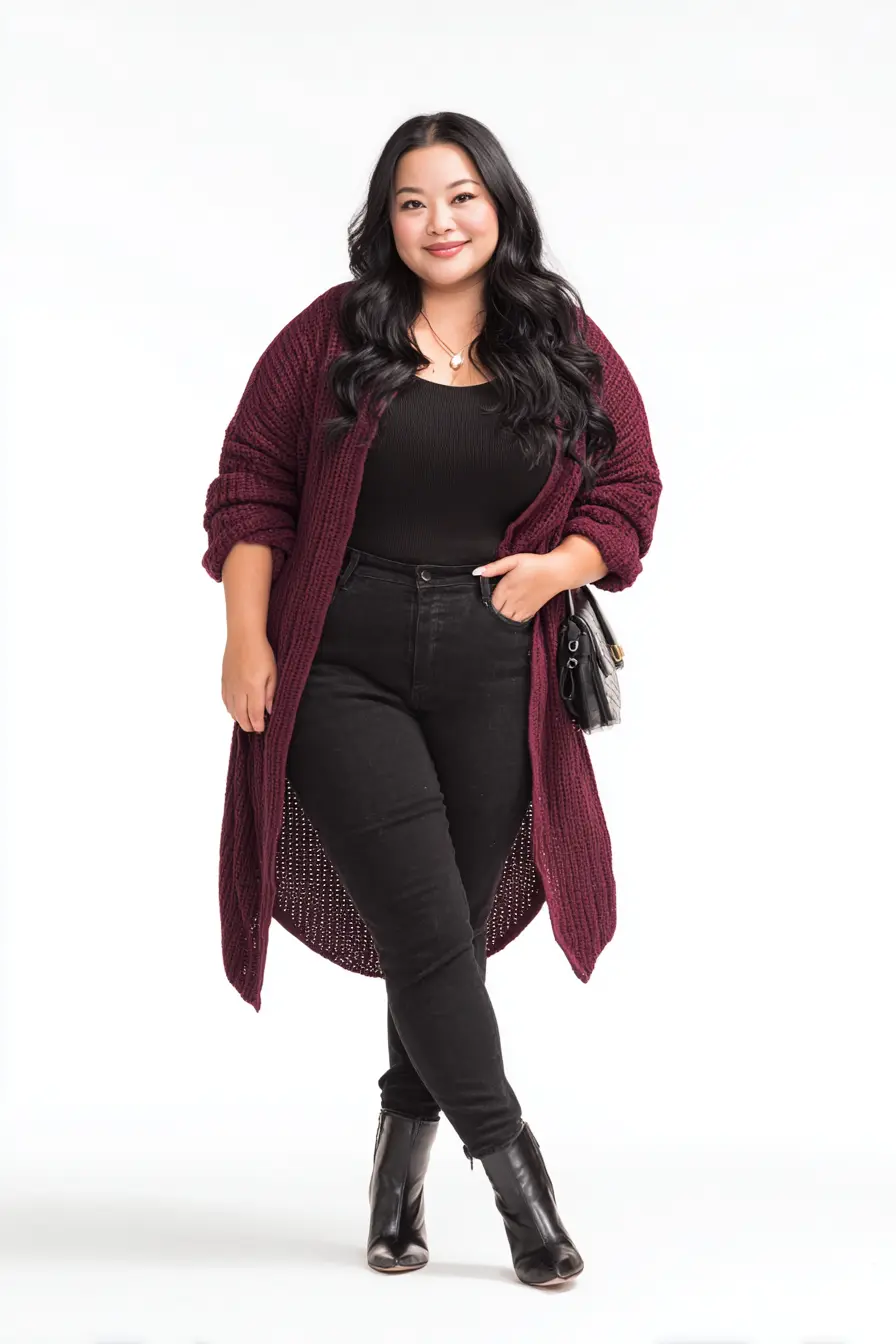 Burgundy Knit Duster + Black Skinny Jeans