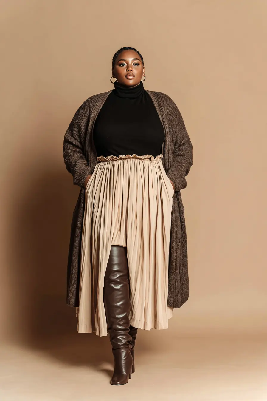 Pleated Midi Skirt + Chunky Cardigan