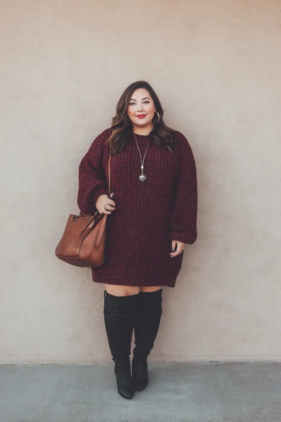 Oversized Sweater Dress + Over-the-Knee Boots + Leather Tote