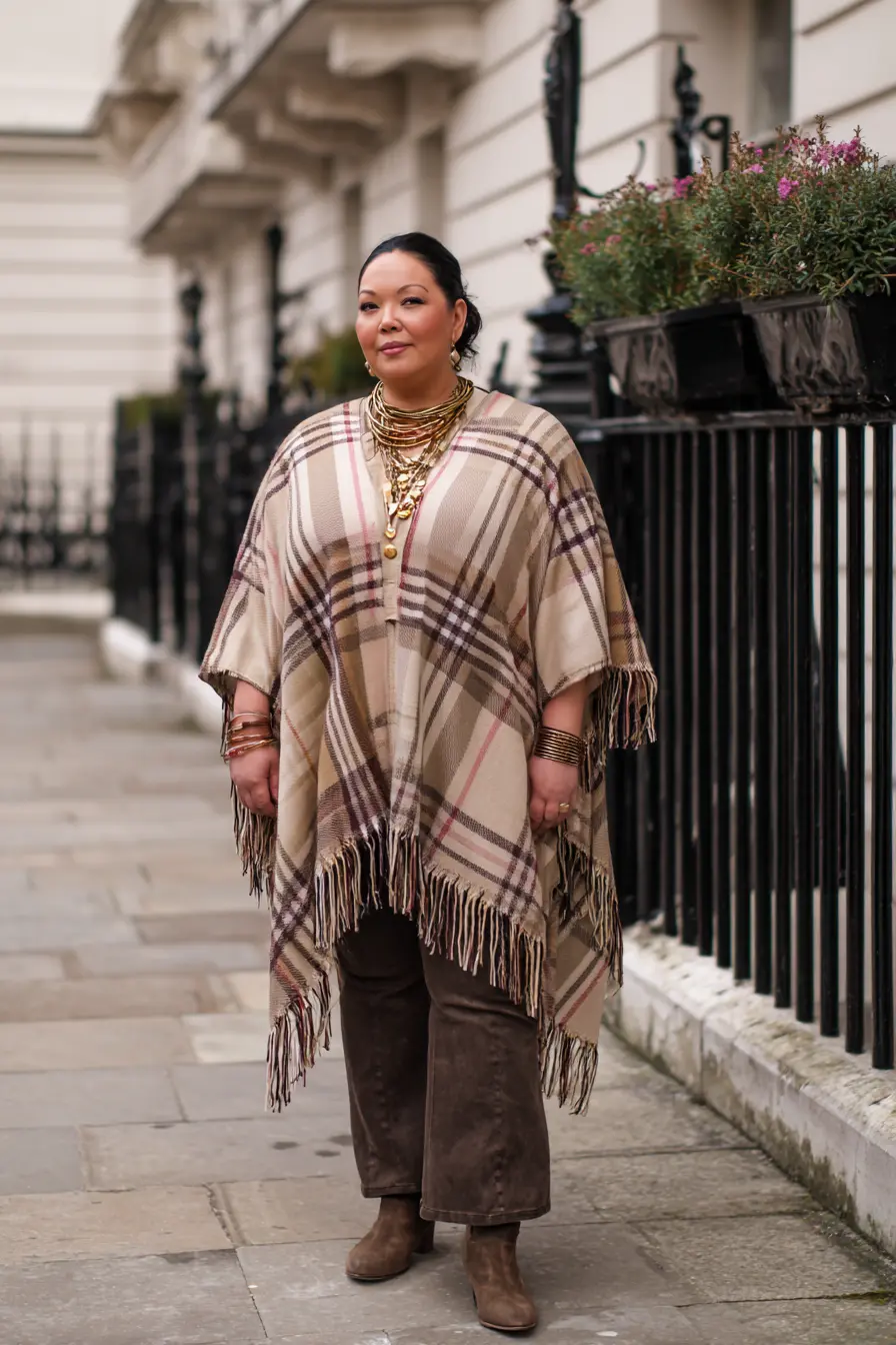 Plaid Fringe Poncho With Earthy Layers for a London Autumn Walk