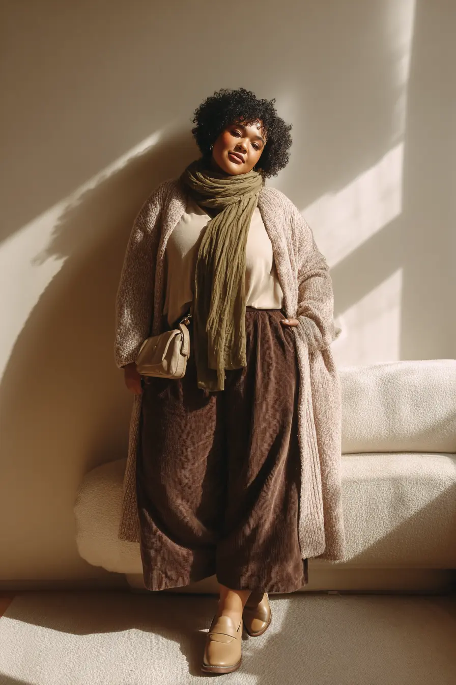 Textured Cardigan + Corduroy Relaxed Trousers