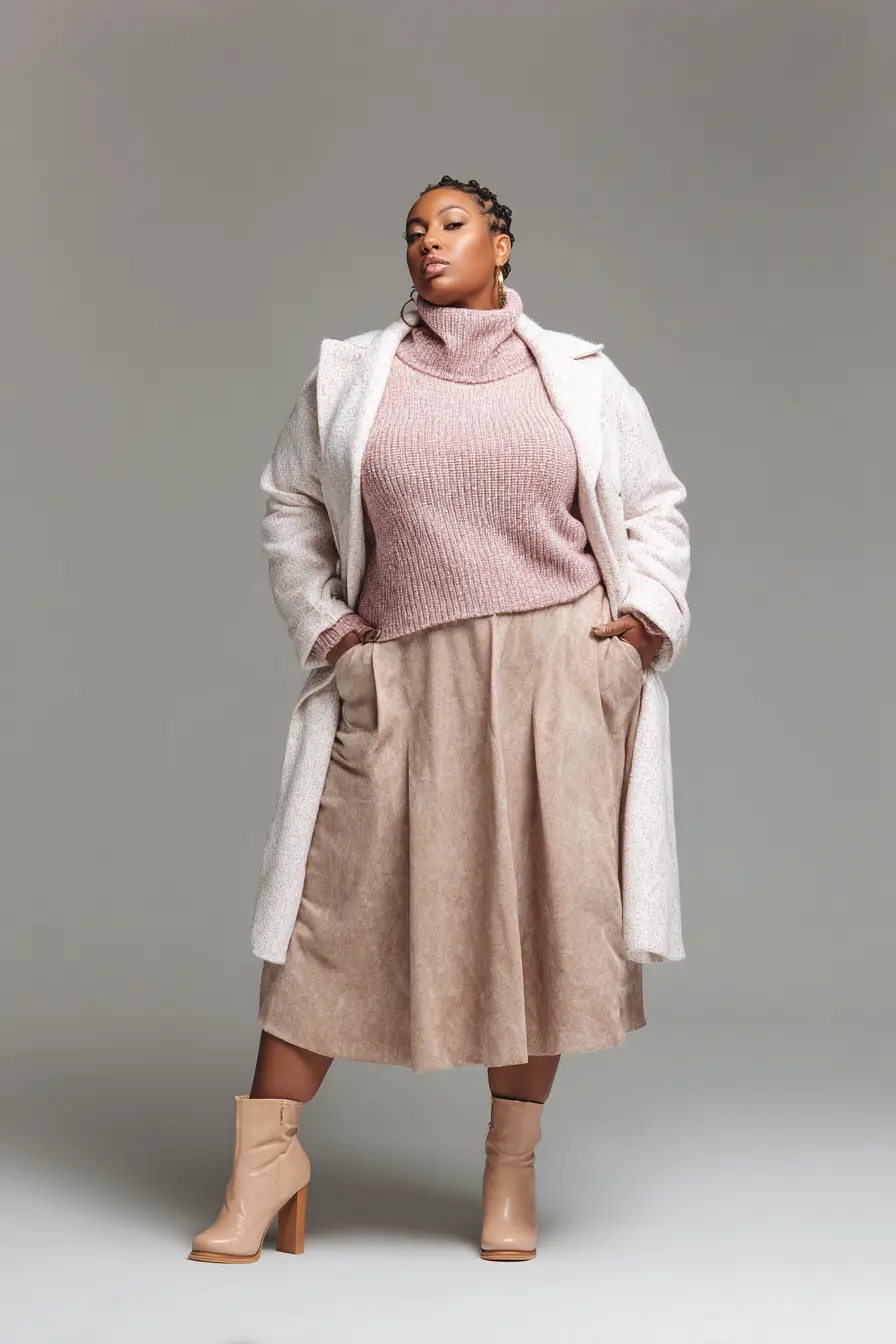 Textured Turtleneck Knit + Mushroom Suede Midi