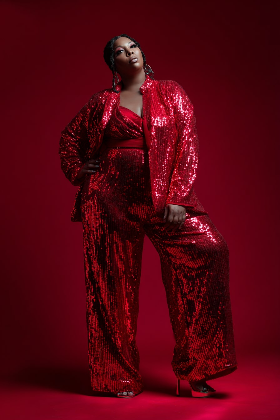 Red Sequin Power Suit + Statement Heels