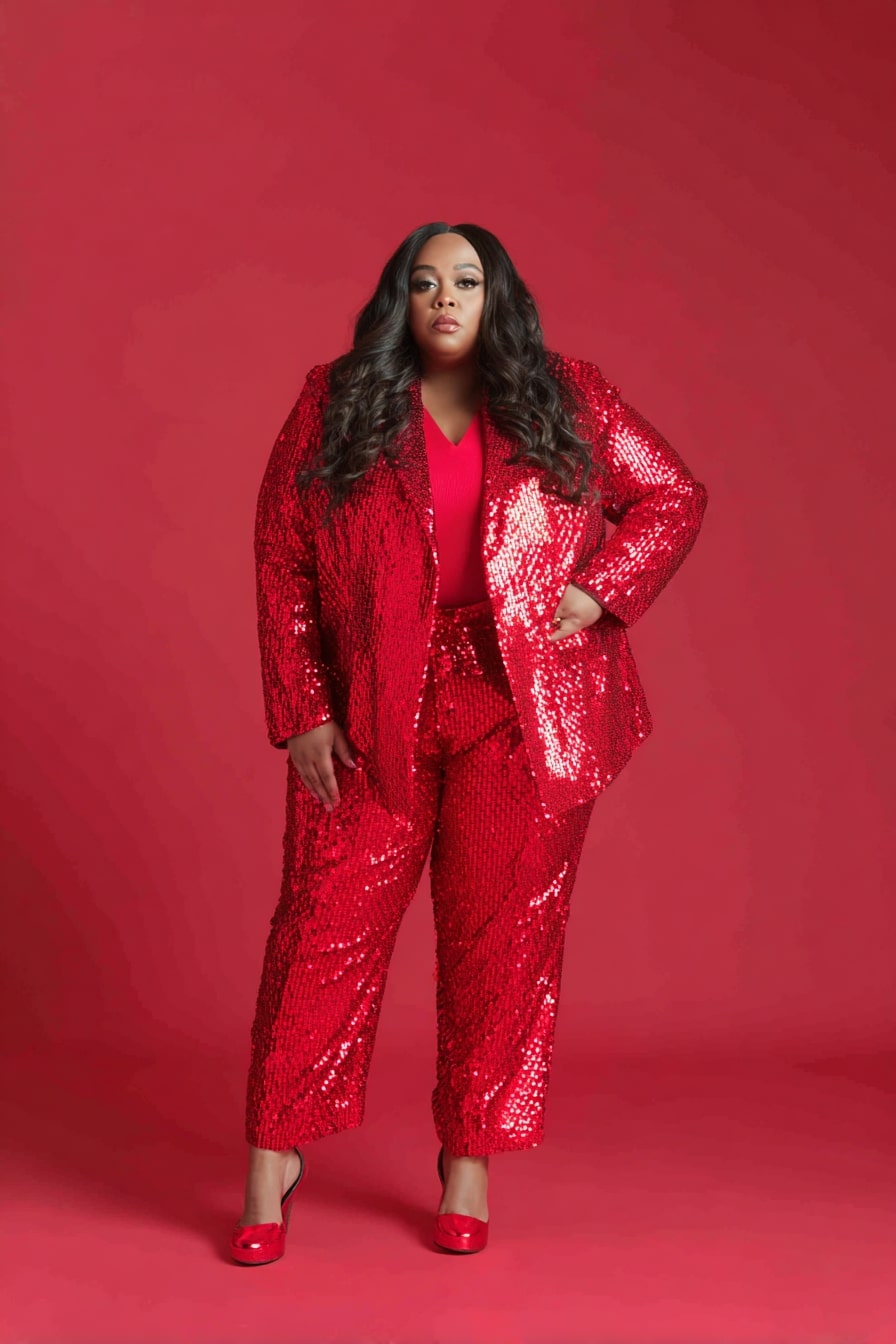 Red Sequin Blazer Set + V-Neck Knit