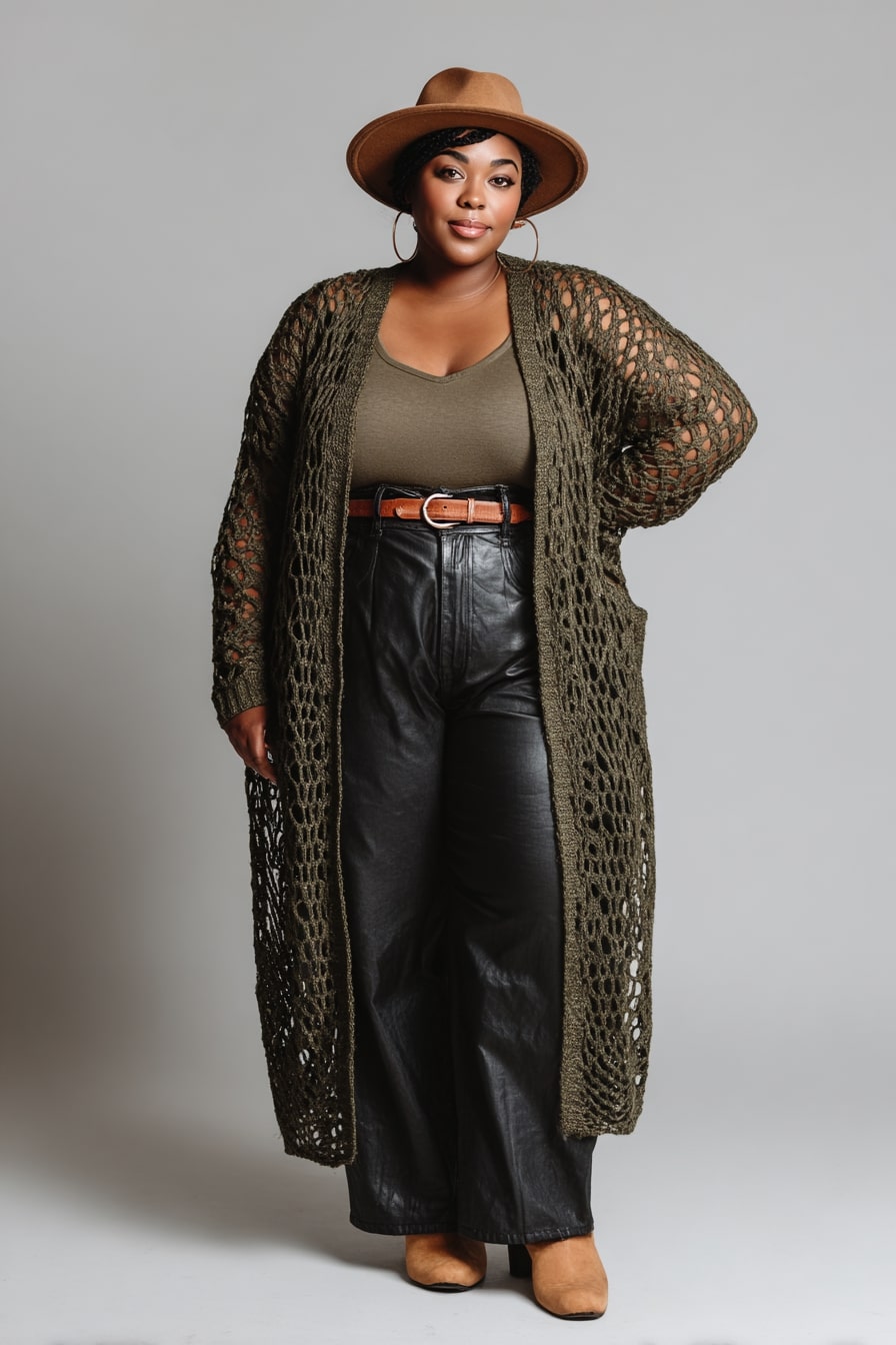 Open-Weave Cardigan + High-Waist Leather Pants