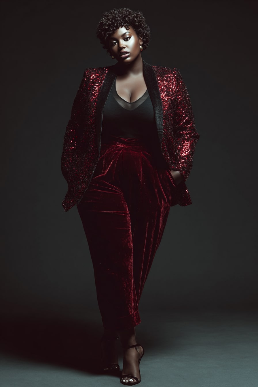 Sequin Blazer and Velvet Pants for Valentine’s Glam