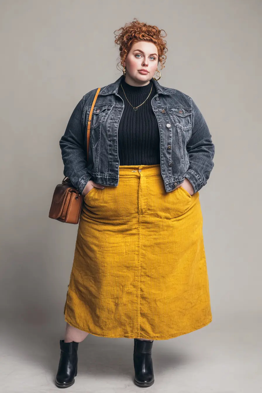 Washed Denim Jacket + Mustard Corduroy Maxi Skirt