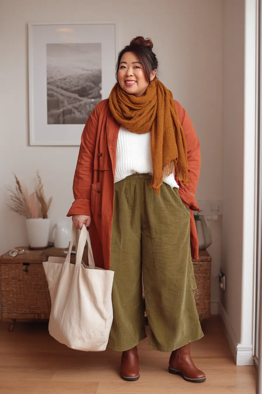 Rust Coat + Corduroy Trousers
