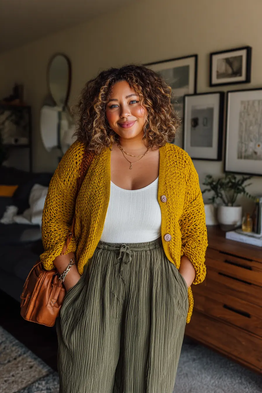 Chunky Mustard Cardigan + Wide-Leg Textured Pants