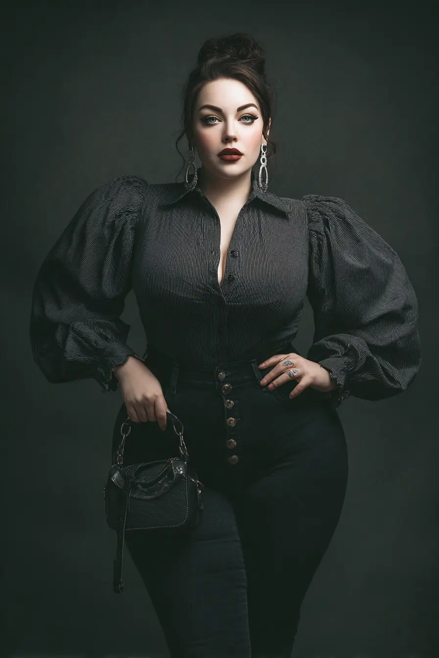 Balloon-Sleeve Blouse + High-Rise Buttoned Denim