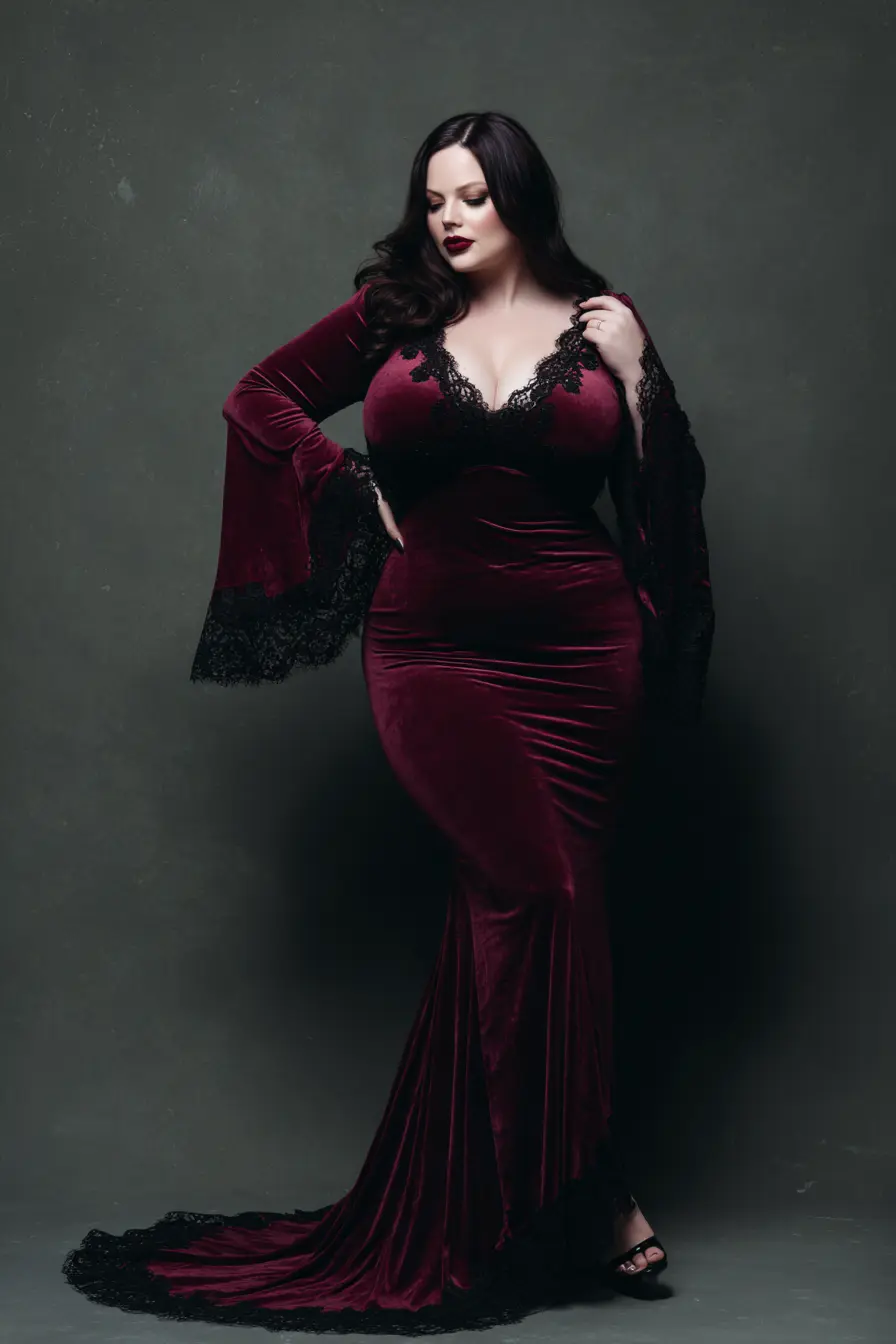 Velvet Gown + Lace Trim Sleeves