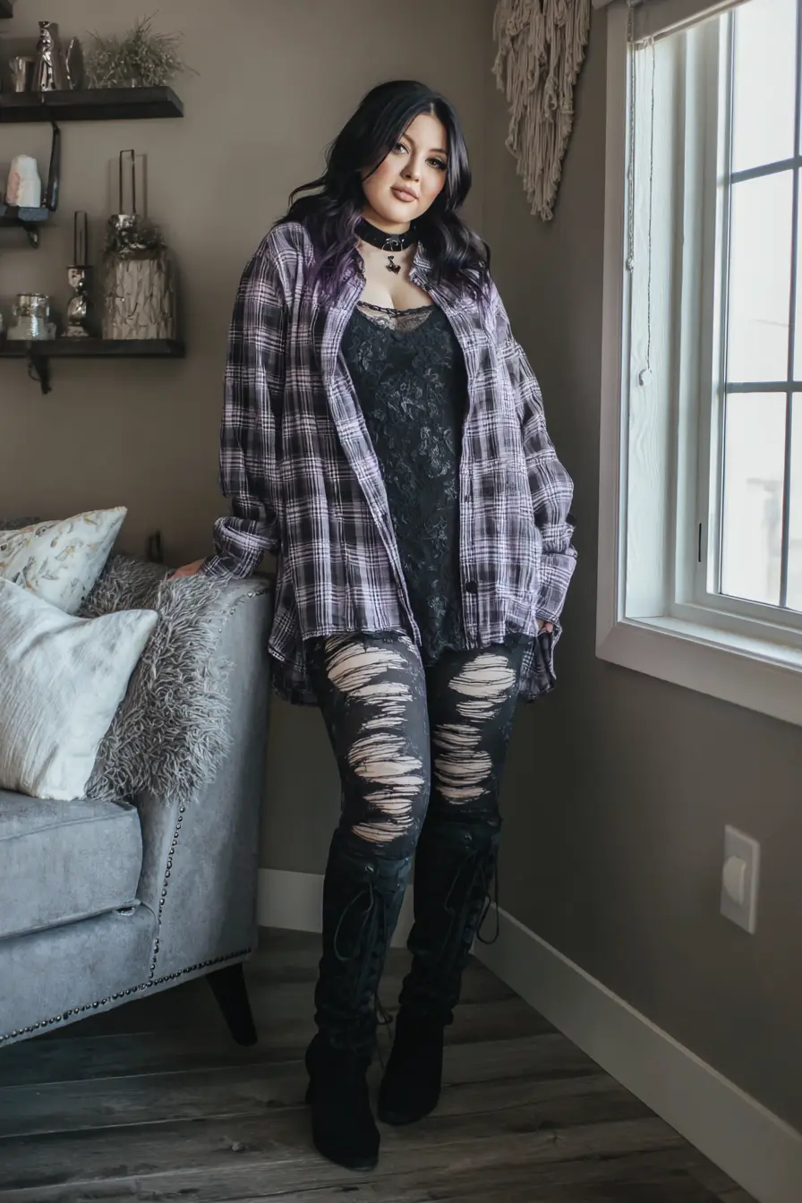 Oversized Flannel Shirt + Shredded Lace Layers