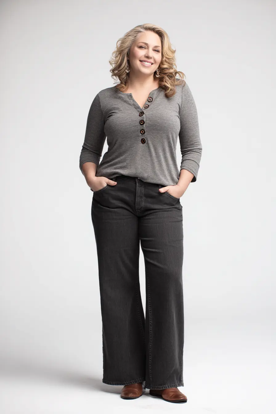 Soft Henley Knit + Charcoal Wide-Leg Denim