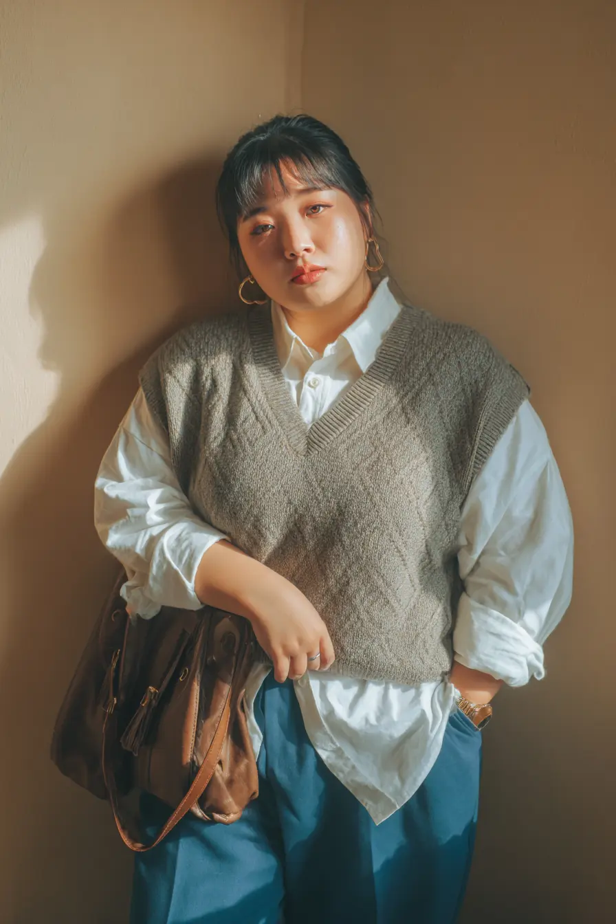 Oversized White Shirt + Textured Sweater Vest