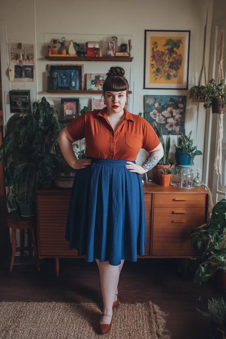 Rust Polo Shirt + Pleated Midi Skirt