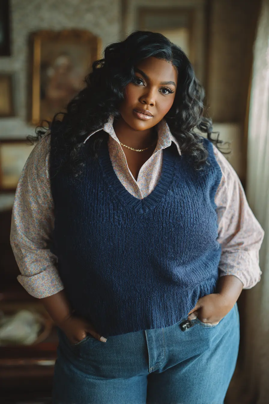 Navy Sweater Vest + Printed Collared Shirt
