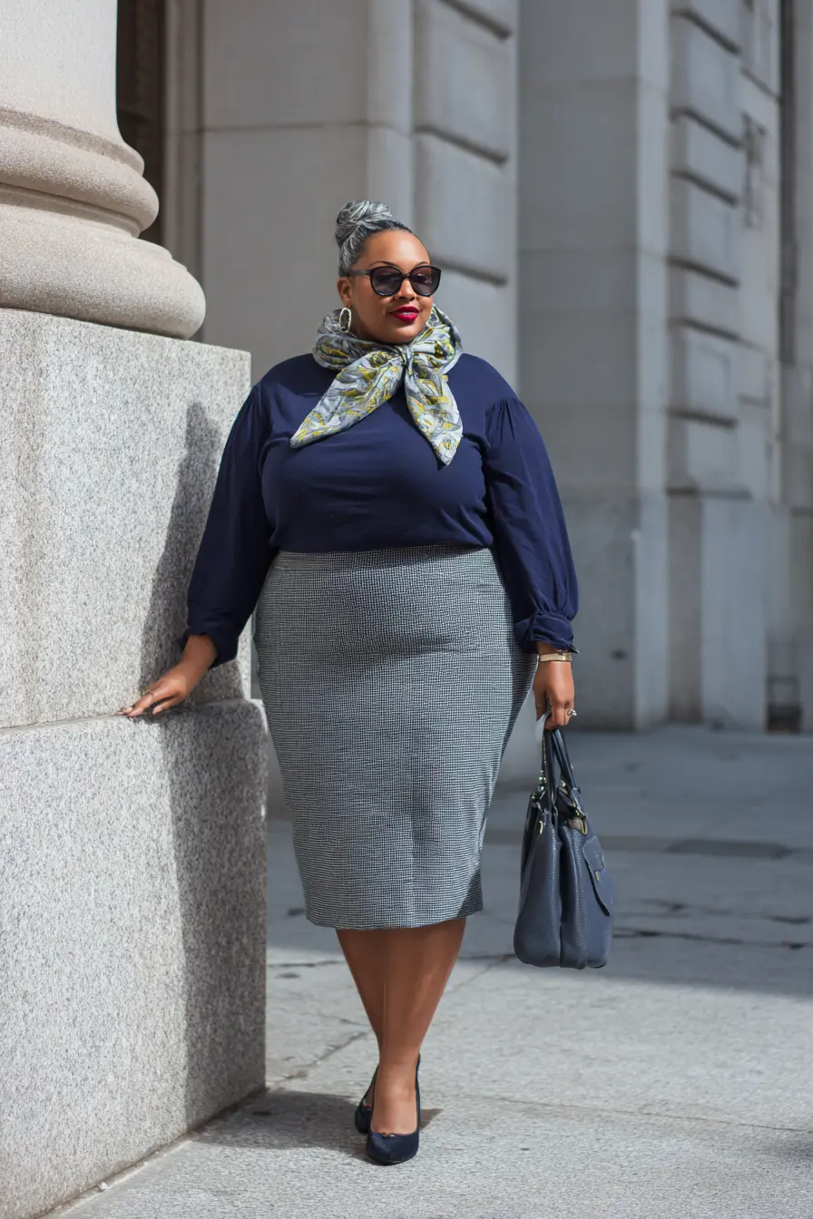 Navy Mock Turtleneck + Classic Tweed Pencil Skirt