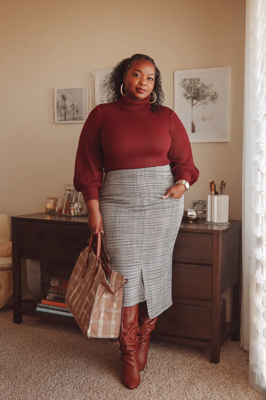 Fitted Turtleneck Sweater + Checked Wrap Skirt