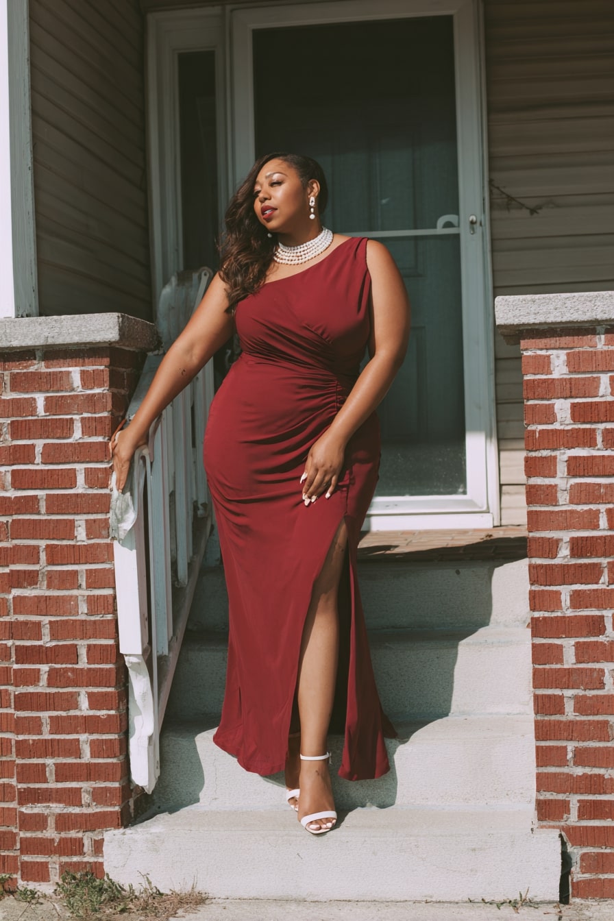 Ruched One-Shoulder Maxi Dress + Side Slit