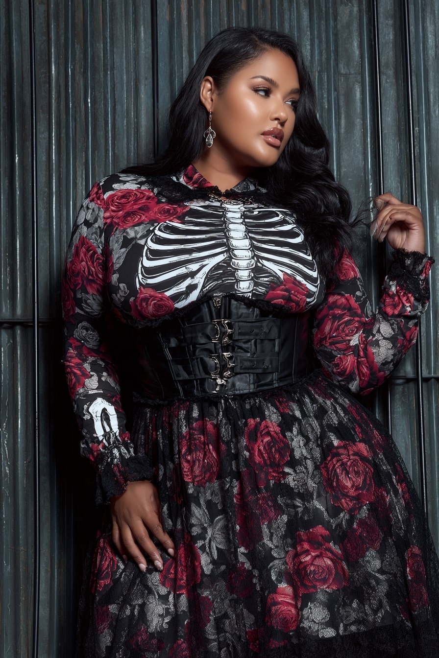 Skeleton Print Top + Lace Corset Dress