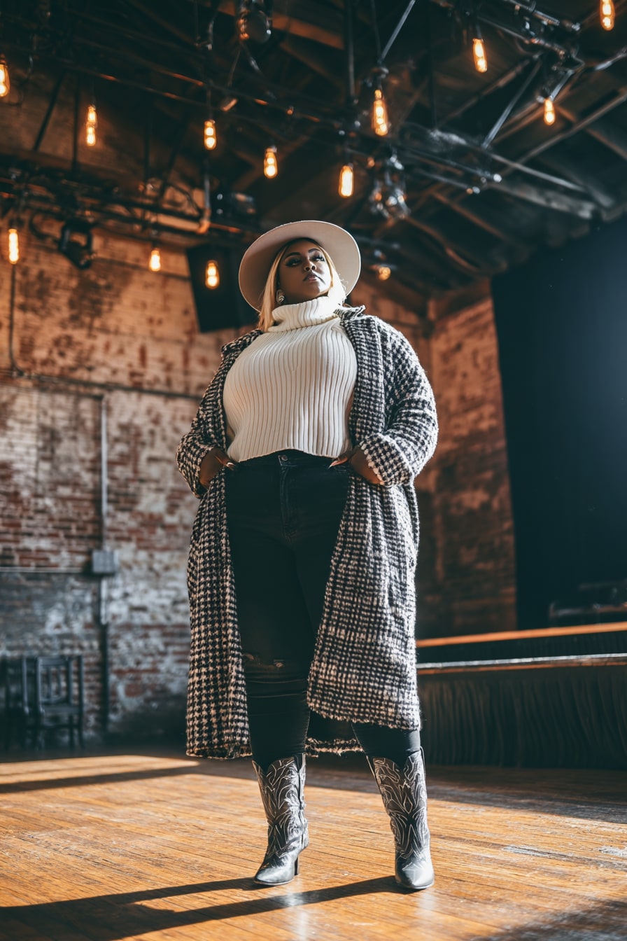 Chunky Turtleneck Knit + Long Check Coat