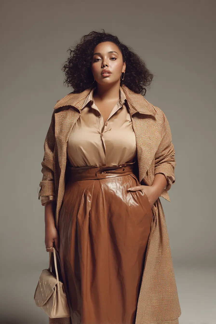 Textured Trench Coat + Chocolate Leather A-Line Skirt