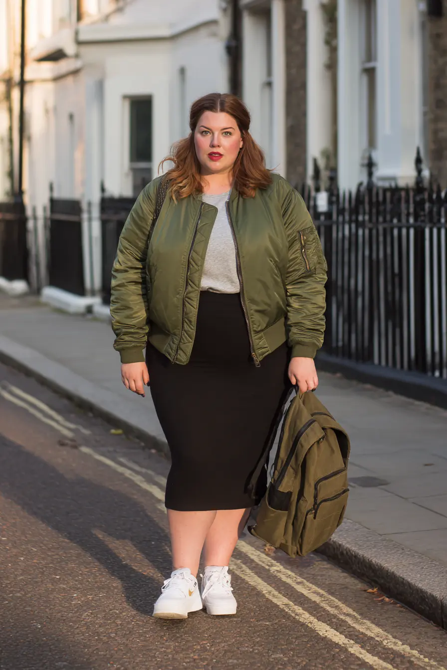Olive Bomber Jacket With a Sleek Midi Skirt for a Sporty London Fall Look