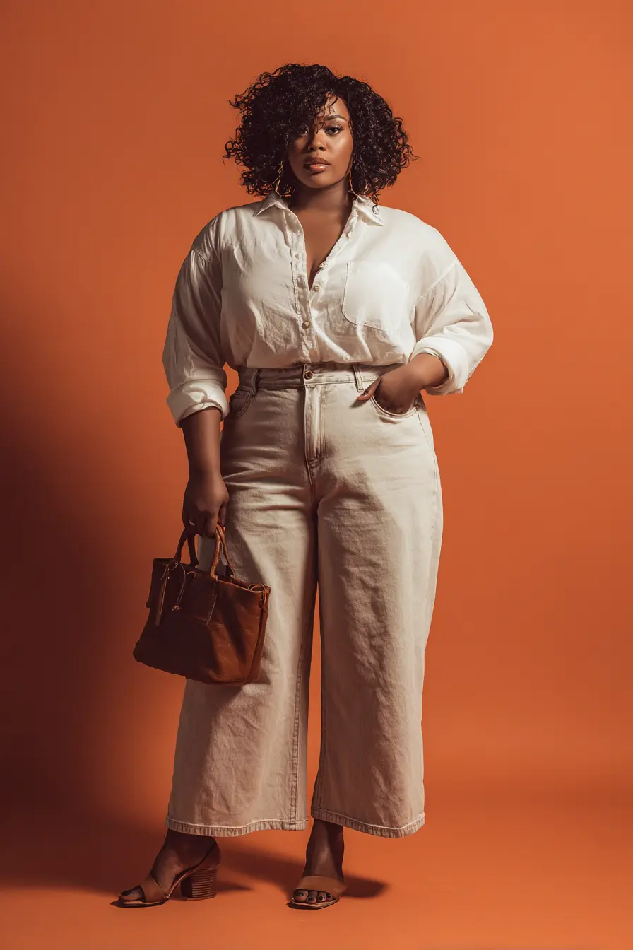 Crisp Button-Up Structure + Ivory Wide-Leg Denim