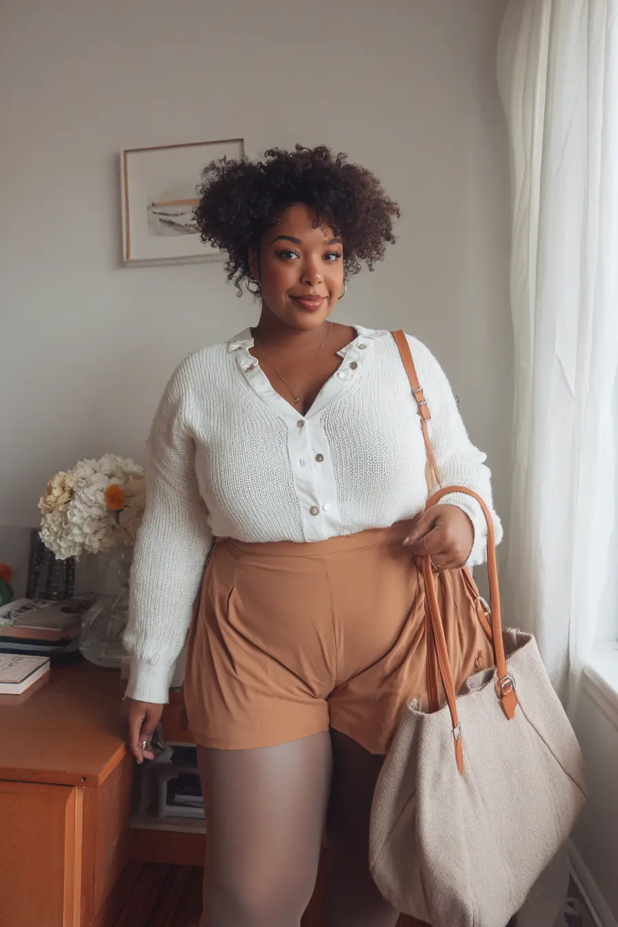 Knit Polo Sweater + Paperbag Shorts + Tights