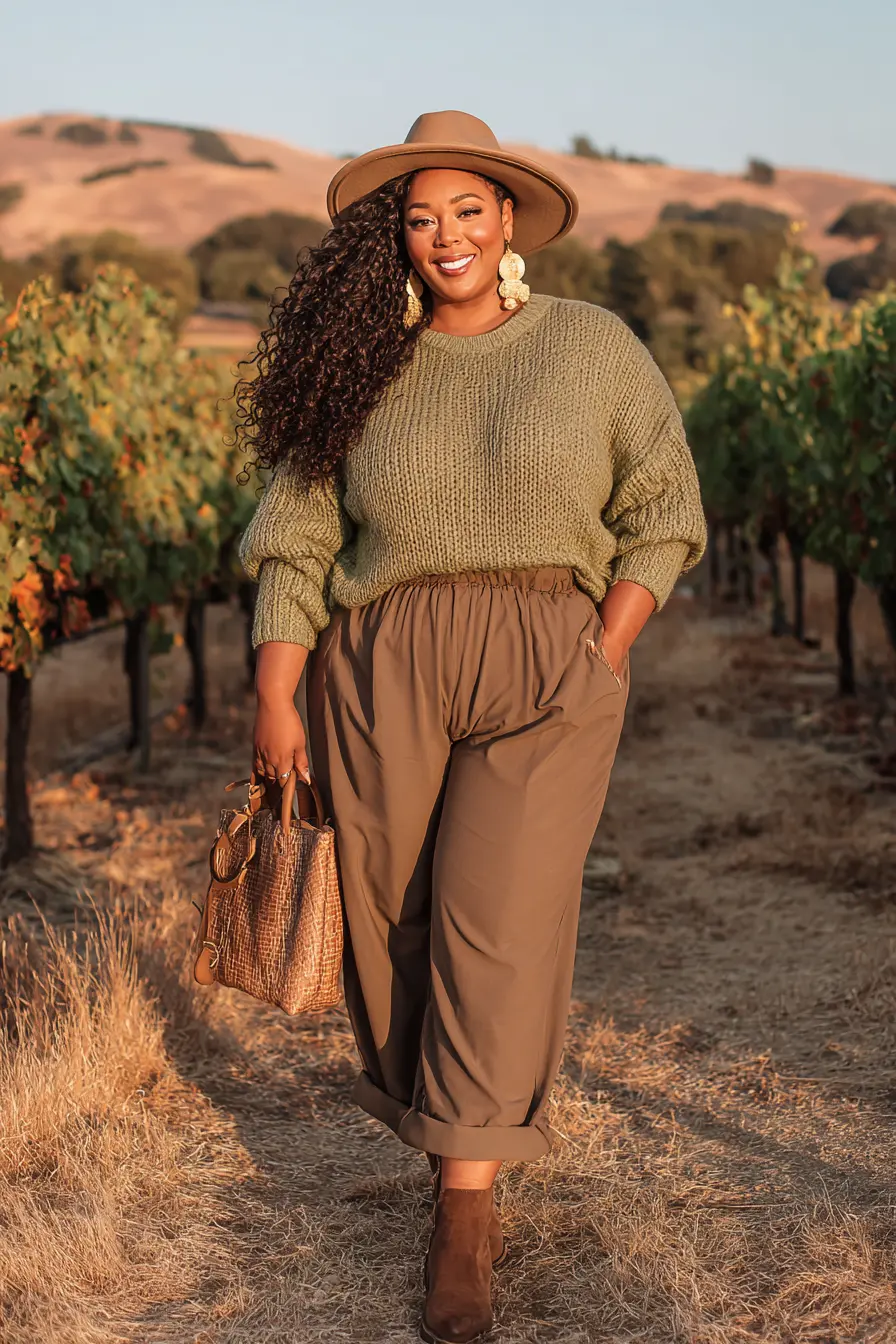 Chunky Olive Sweater + Relaxed Trousers
