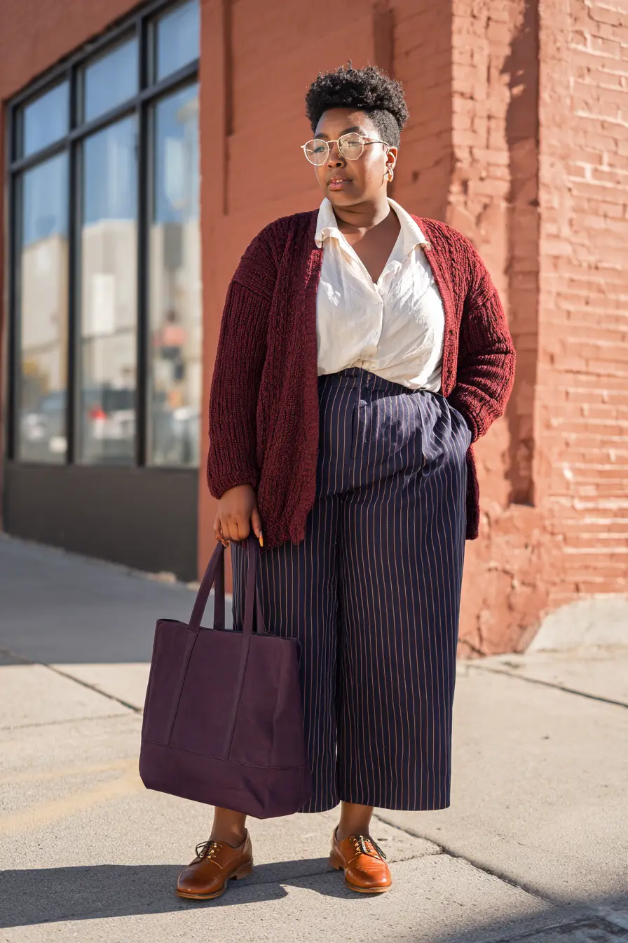 Burgundy Cardigan + Pinstripe Culottes