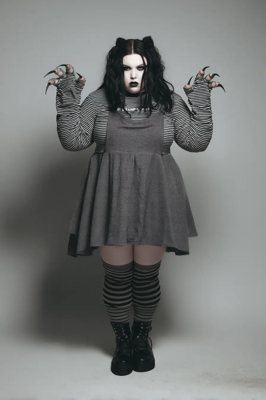 Striped Layering Top + Plaid Pinafore Dress