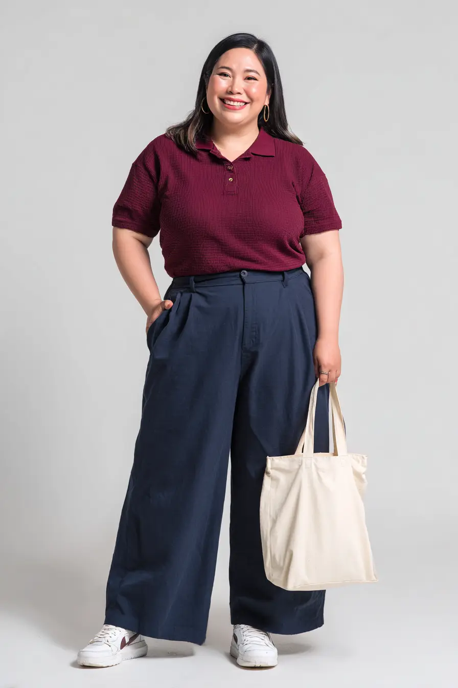 Textured Burgundy Polo + Navy Wide-Leg Trousers