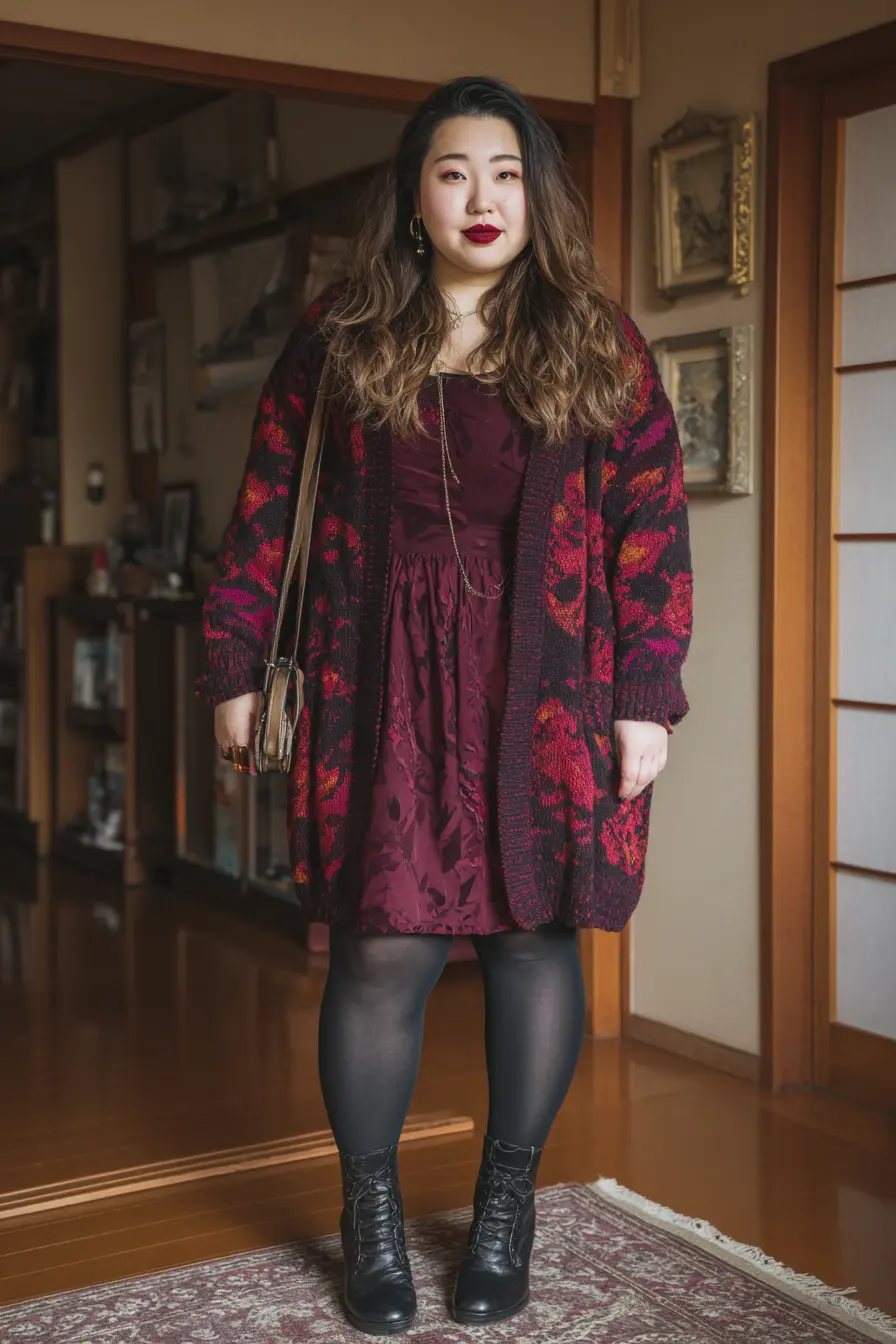 Patterned Knit Cardigan + Wine-Tone Mini Dress