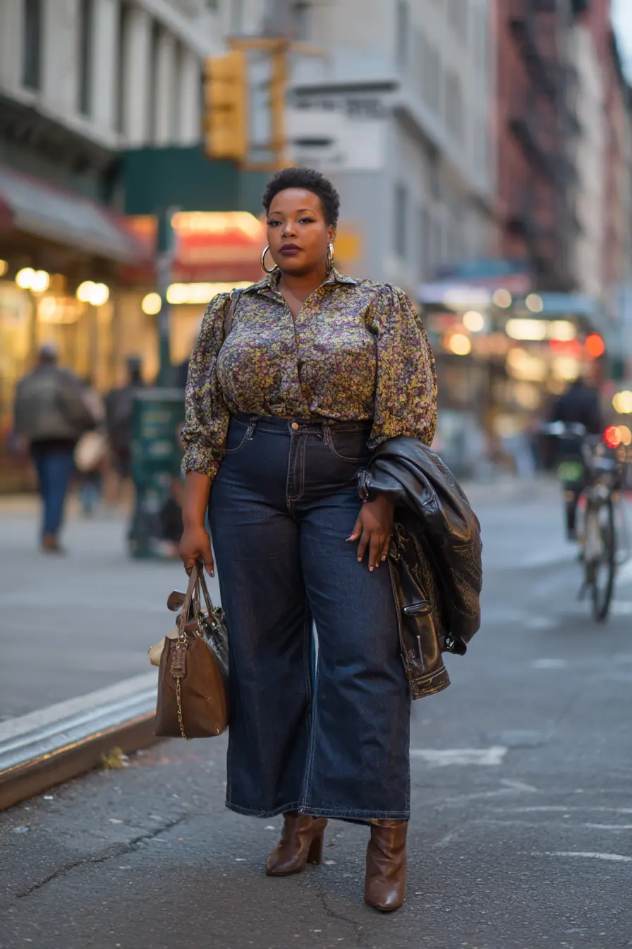 Printed Puff-Sleeve Blouse + Dark Wide-Leg Jeans + Leather Boots
