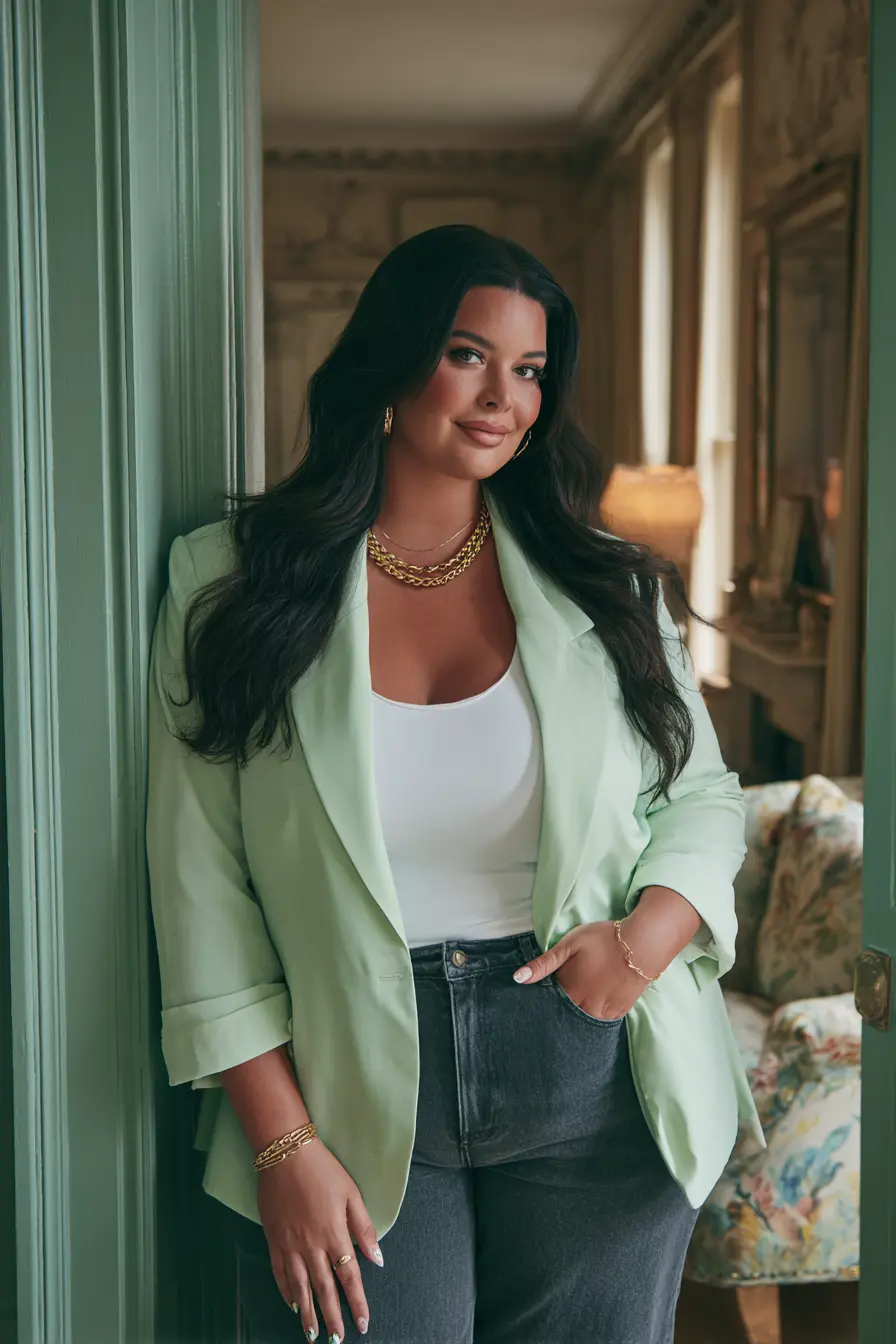 Sage Blazer + Dark Denim Jeans