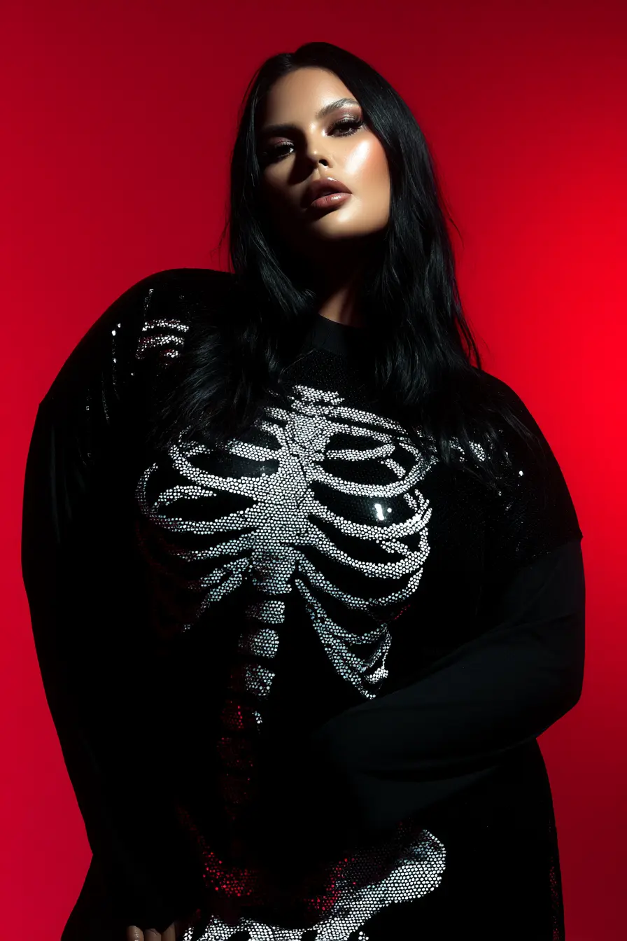 Sequined Skeleton Sweater Dress + Bold Graphic Detailing