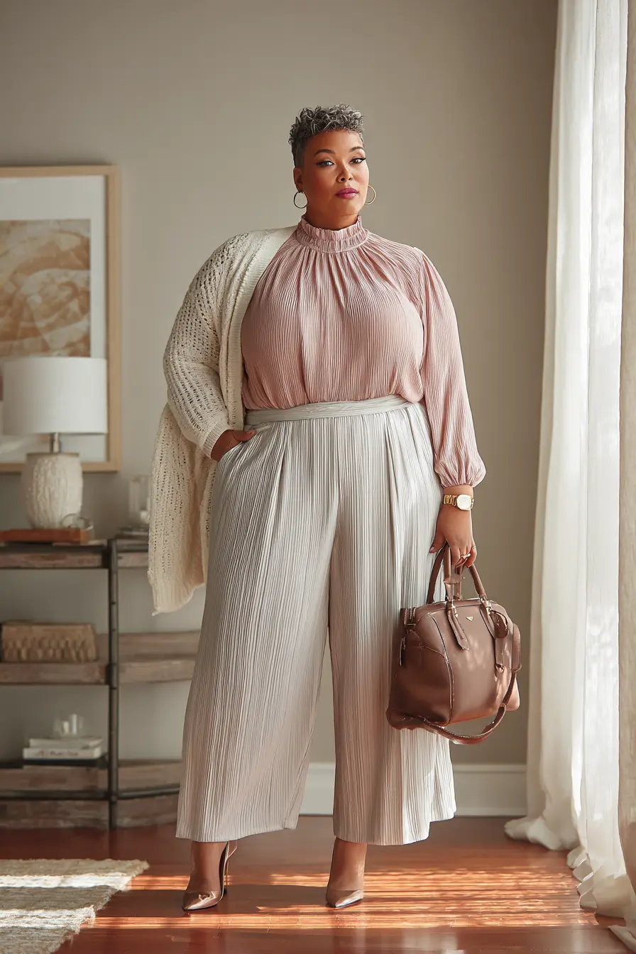 Pleated Blouson Top + Textured Wide-Leg Pant