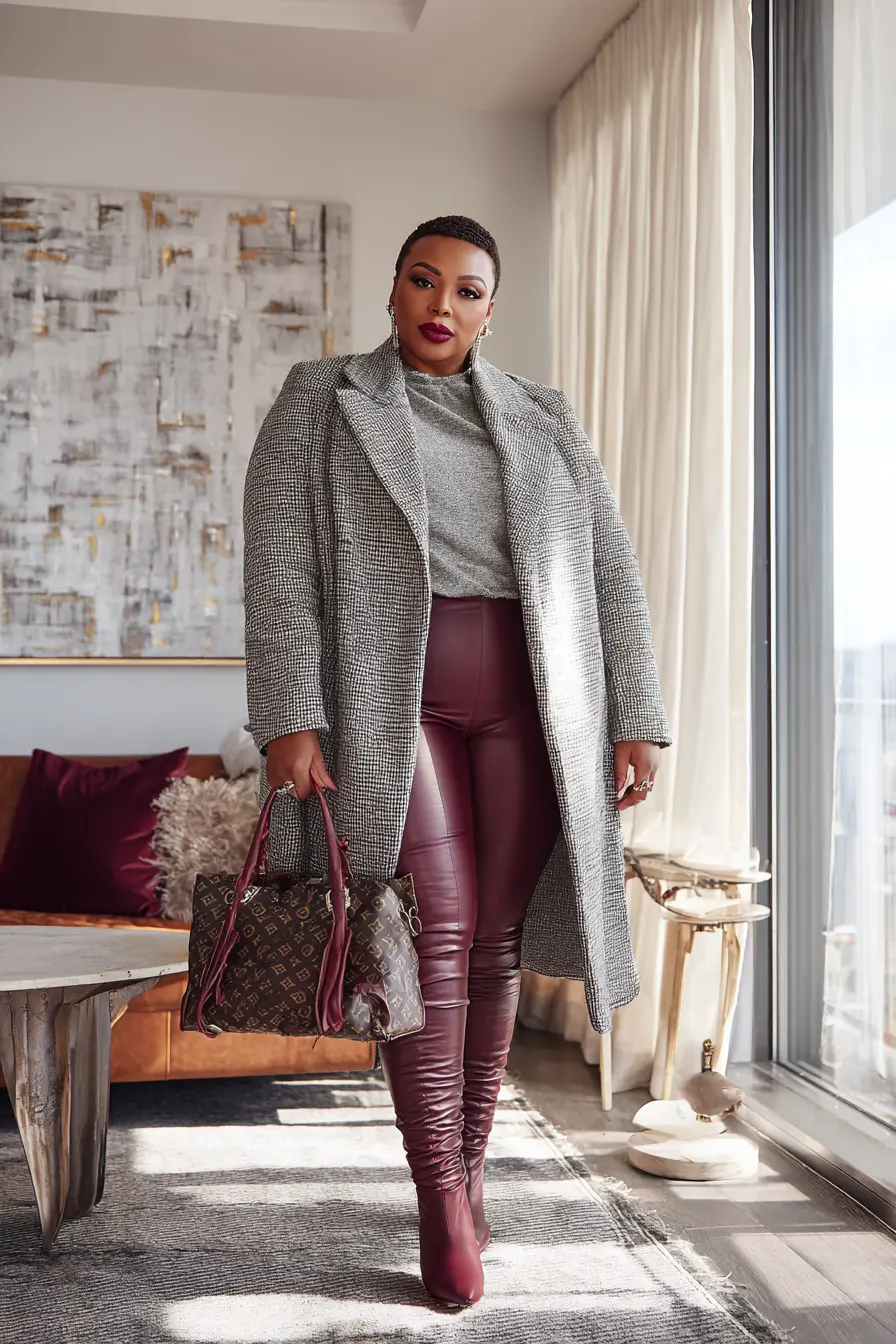 Checked Wool Coat + Burgundy Leather Pants