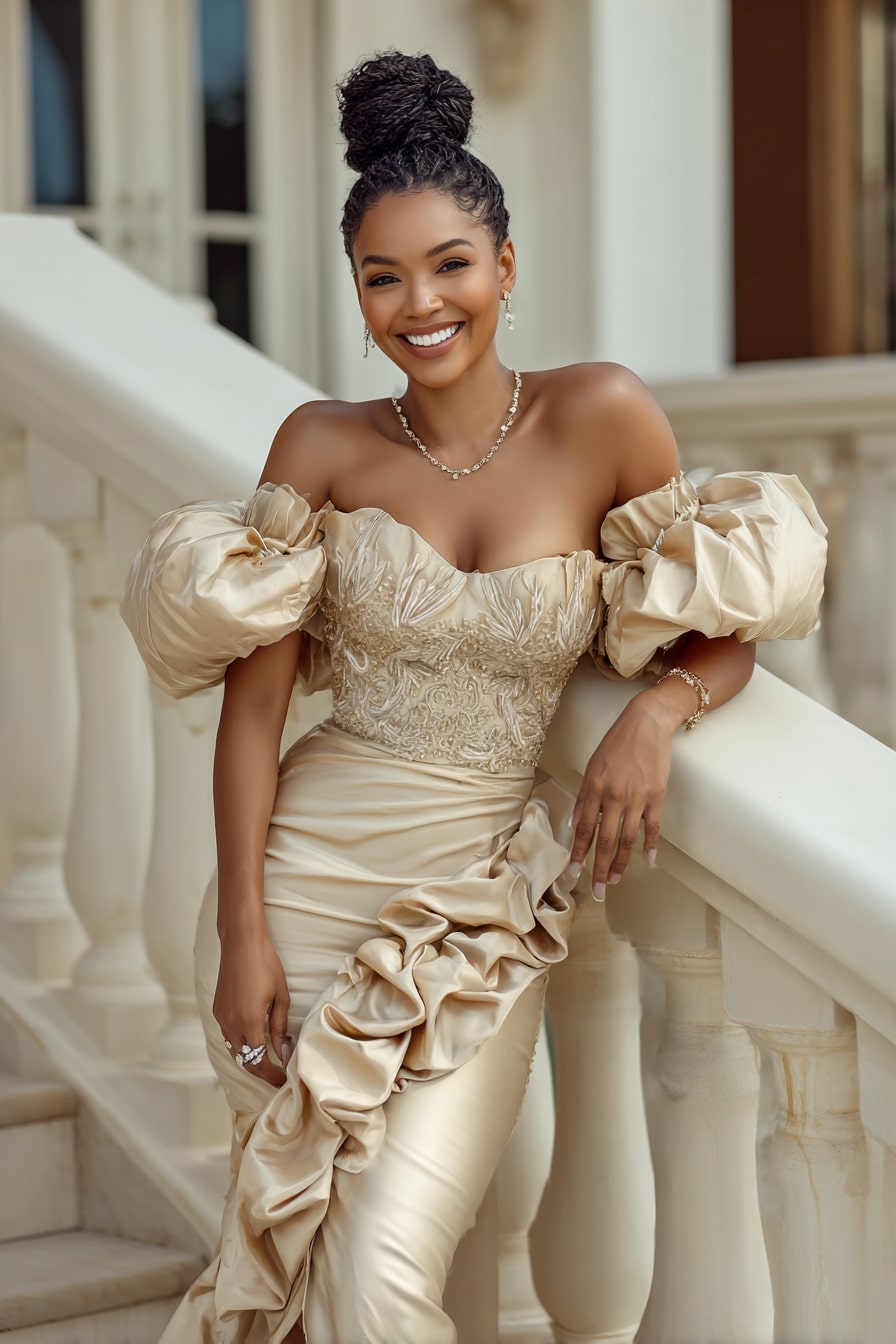 Embroidered Satin Gown + Statement Sleeves