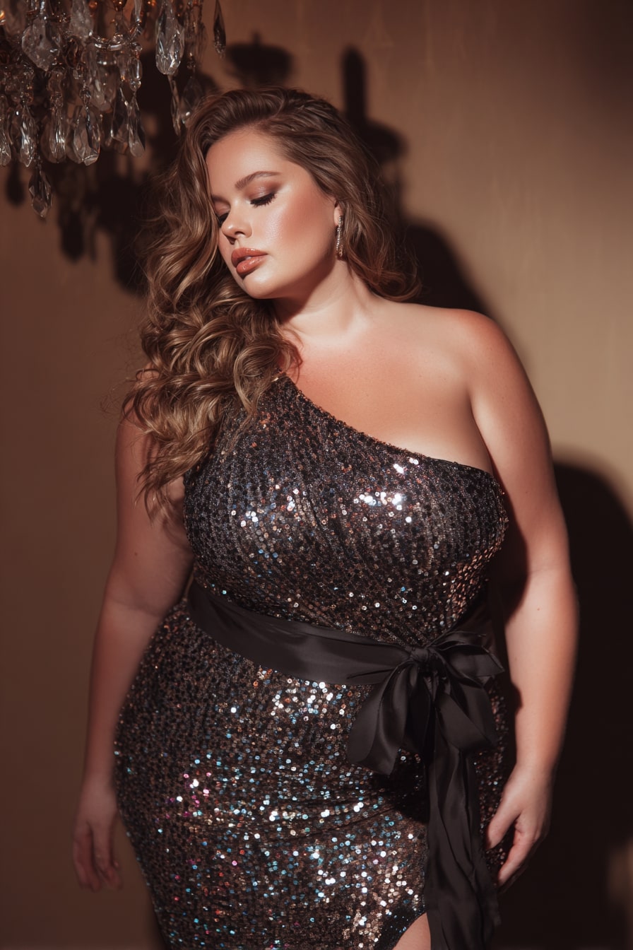 One-Shoulder Sequin Dress + Satin Waist Tie