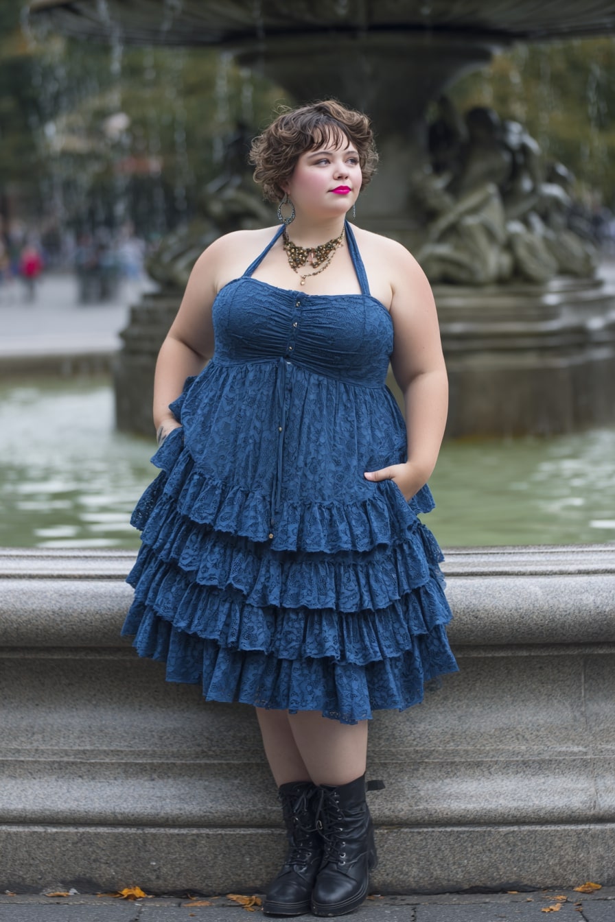 Blue Ruffled Dress with Edgy Combat Boots