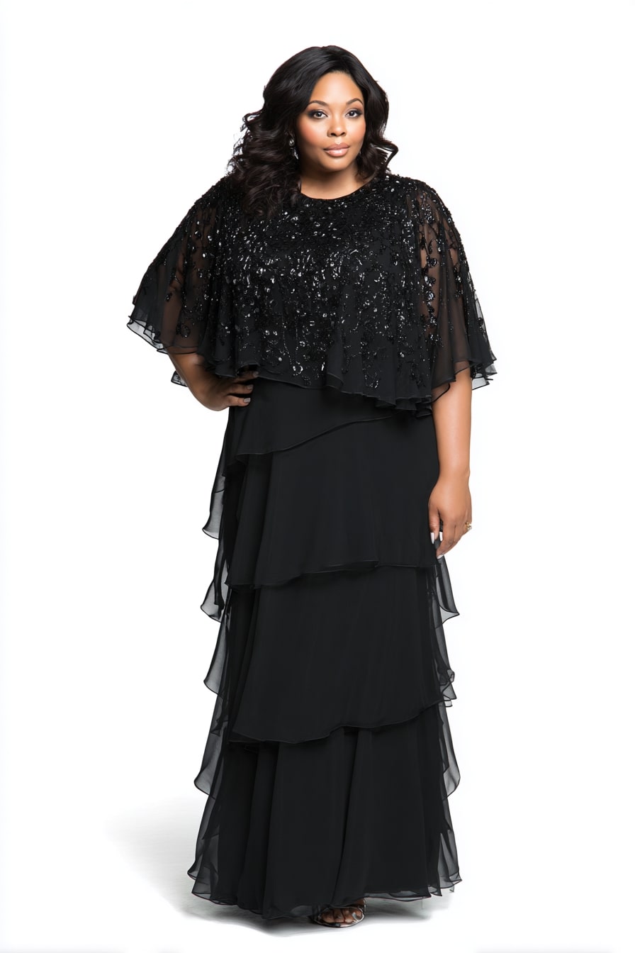 Sequin Cape Gown + Layered Chiffon Flow