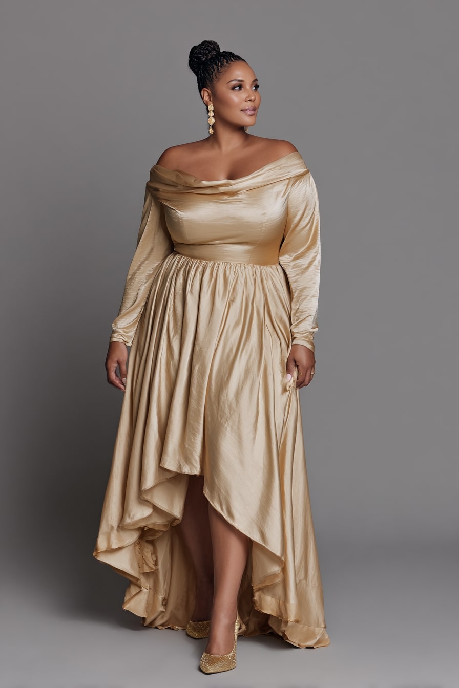 Gold High-Low Off-Shoulder Dress