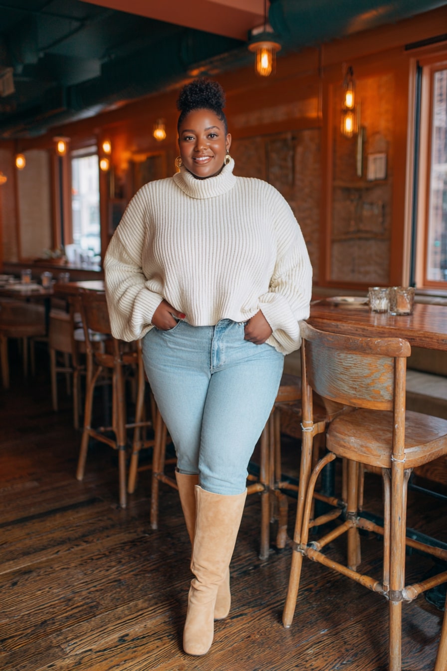Cream Turtleneck Sweater with Light Wash Jeans